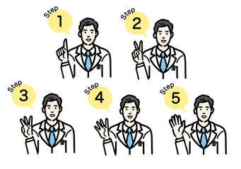 工程を説明する白衣を着た若い男性医師のセット
