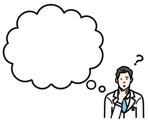吹き出し　考えている白衣を着た若い男性医師
