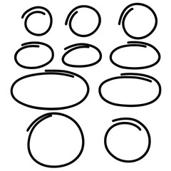 Highlight oval frames. Hand drawn marker scribble doodle underscore circle set. Ovals and ellipses line template. Stock vector illustration isolated on white background.