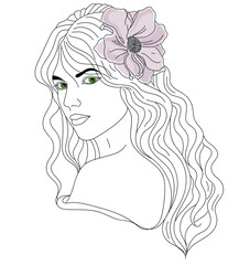 Beautiful Lady with flowers in hair line art icon, black and white sketch illustration