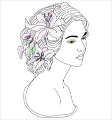 Beautiful Lady with flowers in hair line art icon, black and white sketch illustration