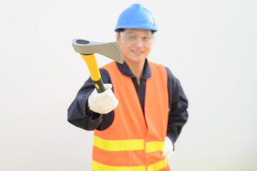 Man hold steel ax tools on white background.