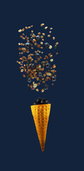 granola and blueberry pouring into waffle cone against blue background