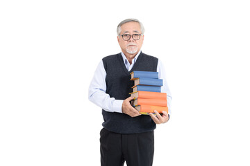 Portrait asian senior old man teacher or professor hold book wearing eyeglasses thinking with copy...