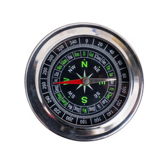 Hand holding a compass ready for a holiday adventure travel it shows direction north south east west in white background.