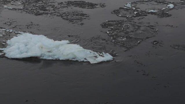 The movement of pieces of ice along the river at sunset, ice drift, winter landscape, melting ice, spring thaw