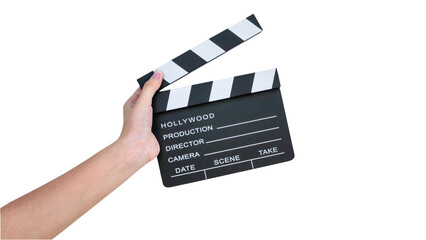 Fototapeta premium hand holding movie clapper board isolated on white background with clipping path, copy space for your advertisement or promotional text.