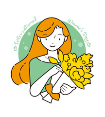 黄色い花束を持つ髪の長い女性（国際女性デー）