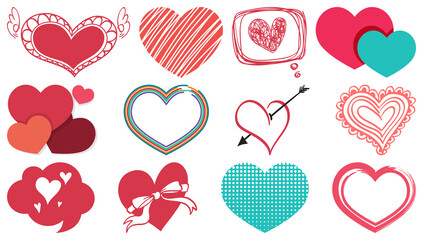 Different style of hearts isolated on white background