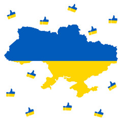 Like map of Ukraine. Conceptual icon in the form of a thumbs up colored in the colors of the Ukrainian flag, to support country, nation and military against aggression from Russia. Prevent world war.