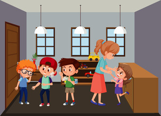 Living room scene with family members in cartoon style