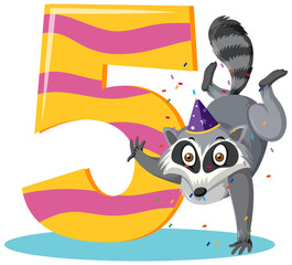 Raccoon holding the number cartoon character isolated on white background