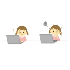 イラスト素材:ノートパソコンでオンライン授業を受けるネガティブ＆ポジティブな表情の小学生（女の子）
