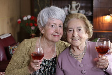 Senior female friends enjoying a cup of wine