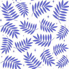 very peri palm tree leaves and stars cute seamless vector pattern background illustration	