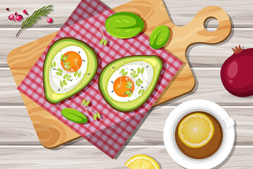 Top view food Creamy Avocado Egg Bake with placemat on wood plate on wood table