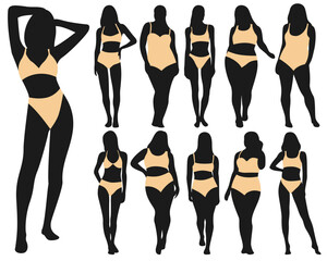 Silhouette of women in a swim suit. Women in bikini illusration. Slim and plus size models in underwear vector set. 