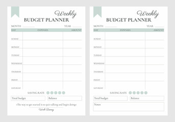 Financial planner page vector templates. Budget for the week. Minimalistic strict design with a quote or notes