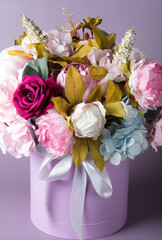 On March 8, a spring bouquet of flowers is a gift for a holiday to a woman. Greeting card
