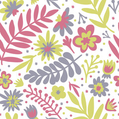 Flower. Scandinavian doodle seamless pattern with colorful flowers and leaves. Scandi. Isolated