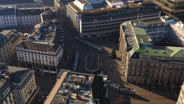 Aerial drone footage of the famous Parade Platz in the heart of Zurich downtown district lined with many large international banks HQ in Switzerland