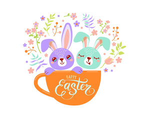 Two funny easter bunnies sit in the cup surrounded flowers, leaves and floral elements isolated on white background..Happy easter greeting vector illustration.