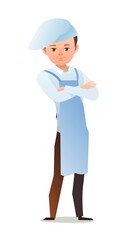 Male cook in overalls. Little boy from kitchen in an apron. Cheerful person. Standing pose. Cartoon comic style flat design. Single character. Illustration isolated on white background. Vector