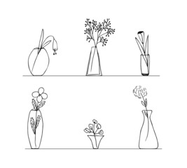 Linear set vase with bouquet of flowers. Black lines on a white background. Line art and doodle, hand drawn. Vector illustration