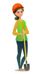 Little girl in overalls. Teen Handyman, locksmith or repairman. Cheerful person. Standing pose. Cartoon comic style flat design. Single character. Illustration isolated on white background. Vector