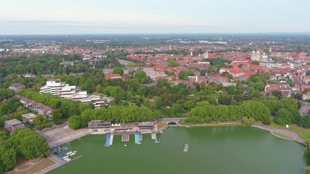 Munster: Aerial view of city in Germany, Recreational lake M&uuml;nstersche Aa (Aasee) - landscape panorama of Europe from above