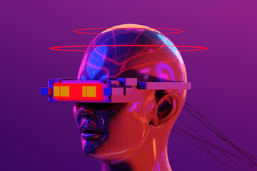 metaverse vr simulation gaming cyberpunk style, digital robot, 3d illustration rendering, virtual reality