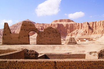 Panoramic view on Mortuary Temple of Hatshepsut and ruins of huge portal in Luxor Deir El-Bahari...