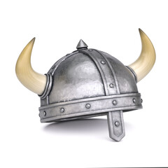 Viking helmet, medieval helmet with horns on white background 3d rendering - obrazy, fototapety, plakaty