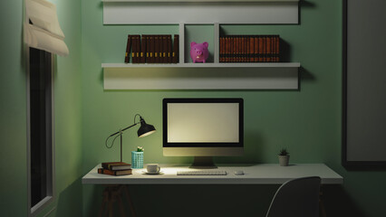 Office at night, dark work space, blank screen desktop computer mock up on white desk with light from table lamp, decor and blurred office interior in background, 3d rendering