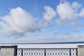 Bridge, winter sky, river bank, embankment, river bank, snowy, beautiful nature