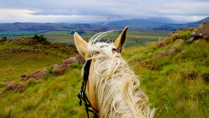 Riding on the back of a blond horse in the Drakensberg in south africa © Photo_and_Pixel