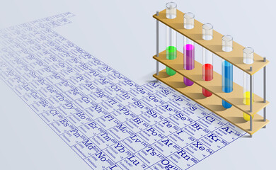 Chemical laboratory with test tubes. Vector illustration of realistic test tubes with chemical reagents against the background of a periodic system. Background for the presentation.