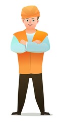 Little boy in overalls. Teen Handyman, locksmith or repairman. Cheerful person. Standing pose. Cartoon comic style flat design. Single character. Illustration isolated on white background. Vector