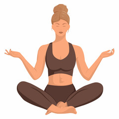 A beautiful girl with fair skin sits in a lotus position and meditates, does yoga. Vector illustration isolated on white background