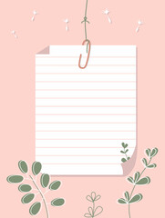 Note paper and nature leaves on a pink background. A ruled paper sheet connected with a paperclip hang on a thread. Vector illustration, flat style.