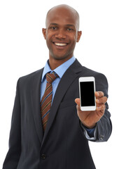 Stay in touch with the latest mobile technology. An African-American businessman holding a cellphone against a white backgroujnd.