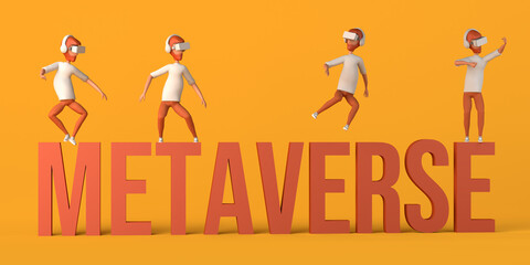 Banner with metaverse text with men with virtual reality glasses. 3D illustration. Copy space.