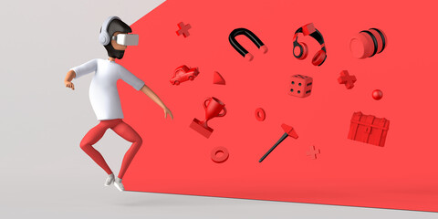 Plakat Metaverse concept with man with virtual reality glasses watching video game elements. 3D illustration. Copy space.