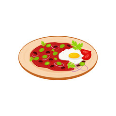 Mexican fried eggs. Fried egg. Tomato, olives, beans.