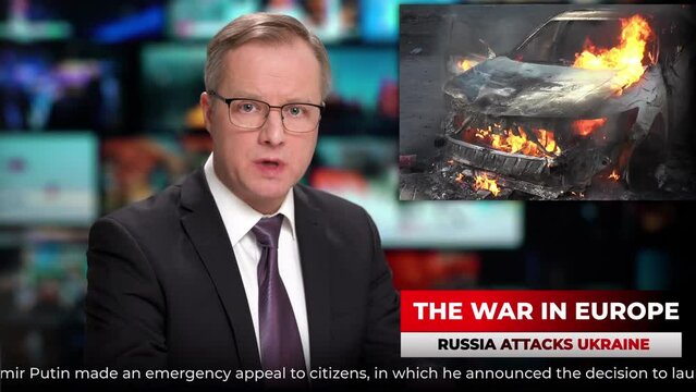 TV News Studio Male Anchor Presenter Talking Shocking Breaking News About Russia's Attack On Ukraine