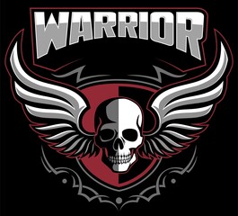 Vector winged human skull illustration. Skull logo design concept, isolated on black background.