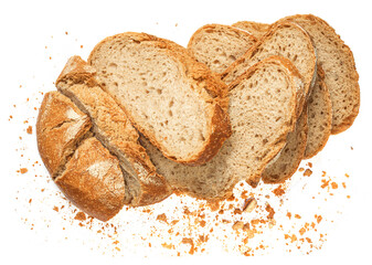 Sliced multigrain bread isolated on a white background closeup. Fresh bread loaf with  crumbs. .
