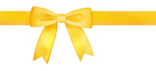 Watercolour illustration of bright yellow ribbon with beautiful tie bow. Hand drawn water color sketch on white, cut out clipart element for design decoration, scrapbook, banner, invitation, card.