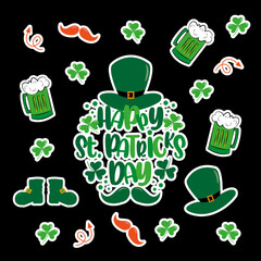 St. Patrick's Day sticker set. Leprechaun hat, beer mug, boots, mustache and clover leaf shape.