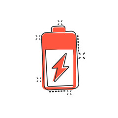 Obraz premium Battery icon in comic style. Accumulator cartoon vector illustration on white isolated background. Energy charger splash effect business concept.
